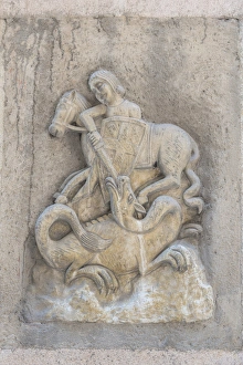 Europe, Spain, Barcelona, relief sculpture of St. George slaying the dragon Europe, Spain, Barcelona, relief sculpture of St. George slaying the dragon