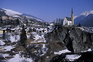 Europe, Switzerland, Graubunden, Scuol. Town view, Inn and river Europe, Switzerland, Graubunden, Scuol. Town view, Inn and river