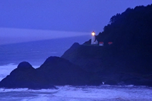 Foggy night on the Oregon Coast at the Haceta Head lighthouse Foggy night on the Oregon Coast at the Haceta Head lighthouse