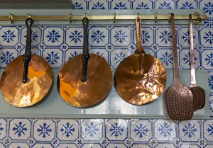 France, Giverny. Copper utensils in kitchen of Monet's house France, Giverny. Copper utensils in kitchen of Monet's house