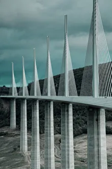 France, Midi-Pyrenees Region, Aveyron Department, Millau, Millau Viaduct Bridge, dusk France, Midi-Pyrenees Region, Aveyron Department, Millau, Millau Viaduct Bridge, dusk