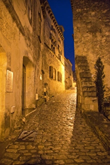 France, Provence, Les Baux-de-Provence. Deserted street inside castle at night. Credit as France, Provence, Les Baux-de-Provence. Deserted street inside castle at night. Credit as