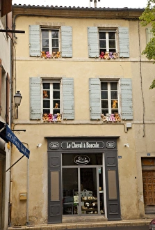 France, Provence, St. Remy-de-Provence. Colorful teddy bears on outside ledges of shop France, Provence, St. Remy-de-Provence. Colorful teddy bears on outside ledges of shop