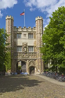 Cambridge England Landmarks Prints: Gate to Trinity College and rows of bicycles, Cambridge, England