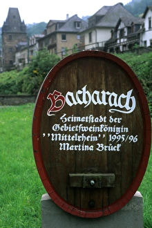 Germany Bacharach famous wine village sign in mountains by Rhine River Germany Bacharach famous wine village sign in mountains by Rhine River