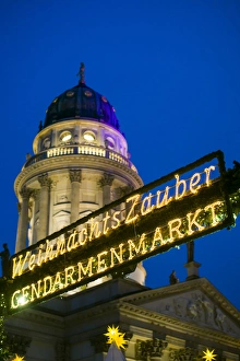 Germany, Berlin, Mitte, Gendarmenmarkt, Christmas market, sign with Deutscher Dom, dusk Germany, Berlin, Mitte, Gendarmenmarkt, Christmas market, sign with Deutscher Dom, dusk