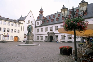 Germany Koblenz Old Town Center with buildings and statue Germany Koblenz Old Town Center with buildings and statue