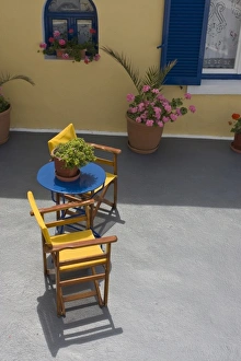 Greece, Santorini. Colorful patio and furniture Greece, Santorini. Colorful patio and furniture