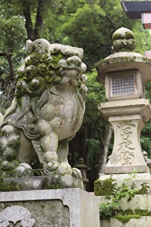 A guardian stone lion traditional stone lantern at the entrance to Kasuga-Taisha Shrine in Nara A guardian stone lion traditional stone lantern at the entrance to Kasuga-Taisha Shrine in Nara
