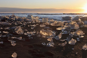 Iceberg nuggets shine like diamants at sunrise. Beach at Jokulsarlon, Iceland Iceberg nuggets shine like diamants at sunrise. Beach at Jokulsarlon, Iceland