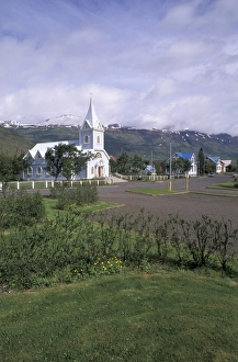 Iceland, Seydisfjordur Blue church in town harbor; fishing port Iceland, Seydisfjordur Blue church in town harbor; fishing port
