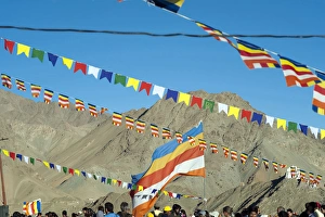 India, Ladakh, Leh, prayer flags at Shanti Stupa India, Ladakh, Leh, prayer flags at Shanti Stupa