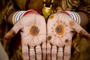India, Rajasthan. Womans hands with henna coloring India, Rajasthan. Womans hands with henna coloring