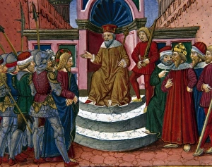 Turin Royal Library Collection Prints: Jesus is brought before Herod. Codex of Predis (1476). Royal Library. Turin. Italy