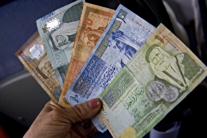 Jordan, Amman. Various denominations of Jordanian money; the Jordanian Dinar or Jordanian pound Jordan, Amman. Various denominations of Jordanian money; the Jordanian Dinar or Jordanian pound