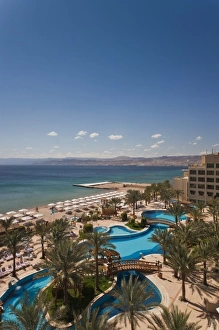 Jordan, Aqaba, elevated view of Red Sea and Eilat, Israel from Intercontinental Hotel Jordan, Aqaba, elevated view of Red Sea and Eilat, Israel from Intercontinental Hotel