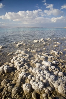 JORDAN. Briny, salt encrusted shoreline on Jordanian side of Dead Sea, worlds lowest at 1 JORDAN. Briny, salt encrusted shoreline on Jordanian side of Dead Sea, worlds lowest at 1
