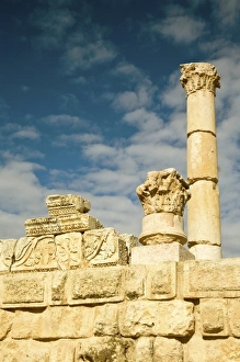 Jordan, Jerash. Architectural decorative elements of granite atop outer wall of Hippodrome arena Jordan, Jerash. Architectural decorative elements of granite atop outer wall of Hippodrome arena