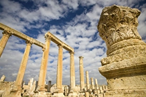 Jordan, Jerash. Elaborate 2nd Century AD Corinthian columns line the Cardo or main Jordan, Jerash. Elaborate 2nd Century AD Corinthian columns line the Cardo or main