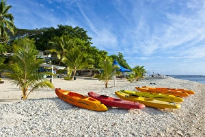Kajaks at the white sand beach of Hideaway island near Port Vila, Island of Efate Kajaks at the white sand beach of Hideaway island near Port Vila, Island of Efate