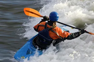 Kayakers in playboat kayaks in Brennans Wave surf in the Clark Fork River in Kayakers in playboat kayaks in Brennans Wave surf in the Clark Fork River in