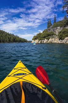 Kayaking in Emerald Bay at Fannette Island, Emerald Bay State Park, Lake Tahoe, California Kayaking in Emerald Bay at Fannette Island, Emerald Bay State Park, Lake Tahoe, California