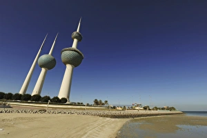 Kuwait, Kuwait City, Kuwait Towers along small beach Kuwait, Kuwait City, Kuwait Towers along small beach