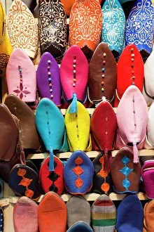 Leather slippers for sale in the Souk, Marrakech (Marrakesh), Morocco Leather slippers for sale in the Souk, Marrakech (Marrakesh), Morocco