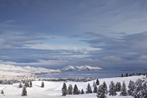 Looking down onto Flathead Lake after fresh snowfall in Elmo, Montana, USA Looking down onto Flathead Lake after fresh snowfall in Elmo, Montana, USA