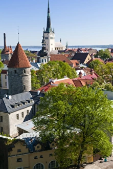 Medieval town walls and spire of St. Olavs church, view of Tallinn from Toompea hill Medieval town walls and spire of St. Olavs church, view of Tallinn from Toompea hill