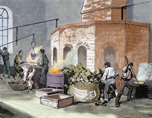 The Mint House. Workers in the smelting of gold pastes. Colored engraving from 1872 The Mint House. Workers in the smelting of gold pastes. Colored engraving from 1872