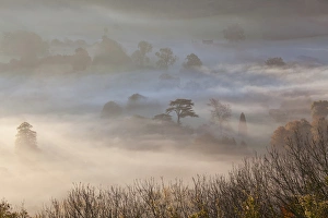 Misty autumn morning, Uley, Gloucestershire, England, UK Misty autumn morning, Uley, Gloucestershire, England, UK