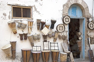 Morocco, shop with traditional music instruments in the Medina, old town, of Essaouira Morocco, shop with traditional music instruments in the Medina, old town, of Essaouira