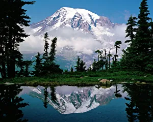 Mount Rainier relected in a mountain tarn (pond), Pinnacle Peak, Tatoosh Range, Mount Mount Rainier relected in a mountain tarn (pond), Pinnacle Peak, Tatoosh Range, Mount