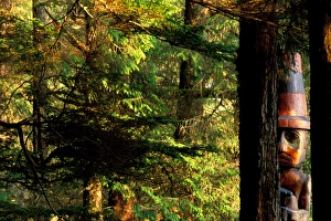 NA, USA, Alaska, Sitka, Sitka Totem Park, A totem stands on the edge of the forest NA, USA, Alaska, Sitka, Sitka Totem Park, A totem stands on the edge of the forest