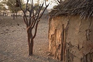 Namibia, Opuwo. Partial view of mud hut and Himba village Namibia, Opuwo. Partial view of mud hut and Himba village
