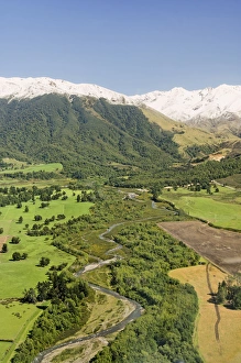 New Zealand, South Island, Methven. Aerial view of farming landscape by Methven and the Mt New Zealand, South Island, Methven. Aerial view of farming landscape by Methven and the Mt