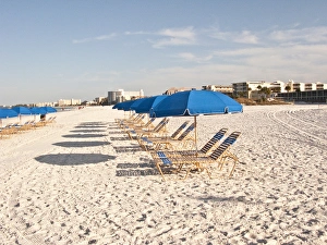 North America, USA, Florida, Sarasota, Crescent Beach, ready with beach chairs and umbrellas North America, USA, Florida, Sarasota, Crescent Beach, ready with beach chairs and umbrellas