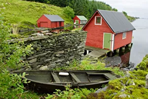 Norway, Radoy Island, Boathouses in Straumsvagen, Fosnstraumen trail from the quay Norway, Radoy Island, Boathouses in Straumsvagen, Fosnstraumen trail from the quay