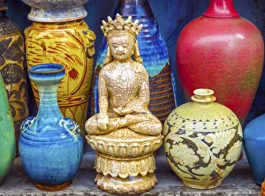Old Chinese design blue and white ceramic Buddha pots, Panjuan Flea Market, Beijing, China Old Chinese design blue and white ceramic Buddha pots, Panjuan Flea Market, Beijing, China