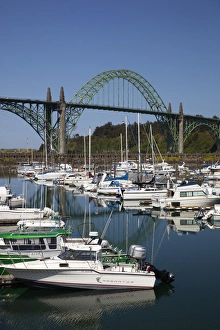 OR, Newport, marina with pleasure boats and Yaquina Bay Bridge in background OR, Newport, marina with pleasure boats and Yaquina Bay Bridge in background