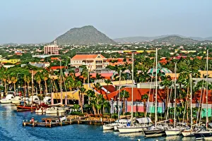 Oranjestad, Aruba. Aerial view of Oranjestad marina, waterfront, boats, Marketplace Oranjestad, Aruba. Aerial view of Oranjestad marina, waterfront, boats, Marketplace