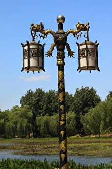 Ornate Golden Dragon Lamp Post Yuanming Yuan Old Summer Palace Willows Beijing China Ornate Golden Dragon Lamp Post Yuanming Yuan Old Summer Palace Willows Beijing China