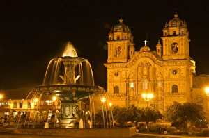 Peru, Cusco, Night view of fountain and Cathedral of Cusco, Plaza de Armas Peru, Cusco, Night view of fountain and Cathedral of Cusco, Plaza de Armas