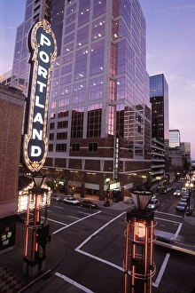 Portland sign on Schnitzer Auditorium located across from the performing arts center Portland sign on Schnitzer Auditorium located across from the performing arts center
