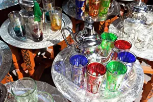 Pots of mint tea & glasses, The Souk, Marrakech, Morocco Pots of mint tea & glasses, The Souk, Marrakech, Morocco