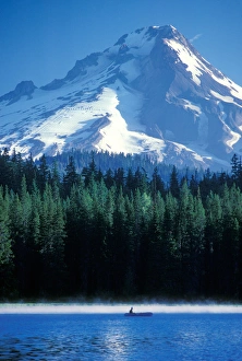 Rafting on Frog Lake on a misty morning with Mt Hood in background Rafting on Frog Lake on a misty morning with Mt Hood in background