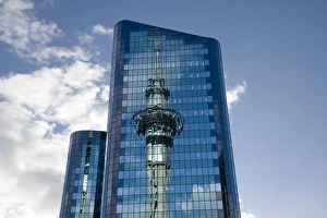 New Zealand Architecture Prints: Reflection of Skytower in Office Building, Auckland, North Island, New Zealand