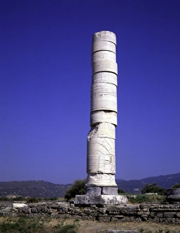 Samos Heraion. Single remaining column of Polykratos Temple rebuilt by Theodorus in 525 BC Samos Heraion. Single remaining column of Polykratos Temple rebuilt by Theodorus in 525 BC