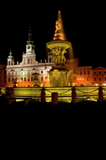 Samson fountain and Town Hall, Czech Republic, Ceske Budejovice Samson fountain and Town Hall, Czech Republic, Ceske Budejovice